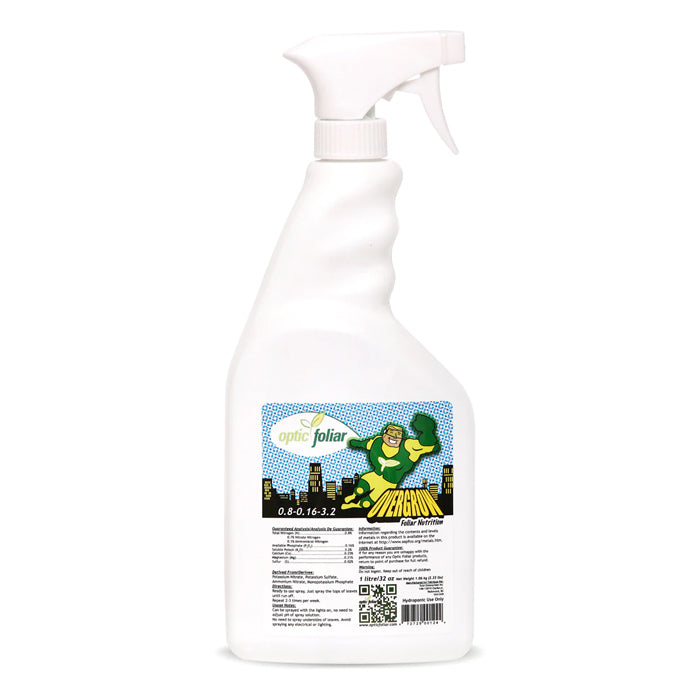 Optic Foliar OVERGROW RTU: white spray bottle with superhero logo, 0.8-0.16-3.2 NPK.
