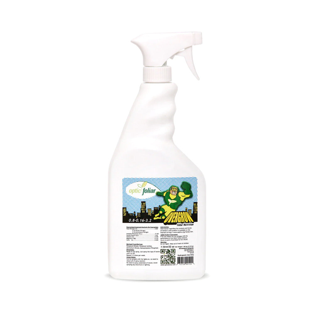 Optic Foliar OVERGROW RTU: white spray bottle with superhero logo, 0.8-0.16-3.2 NPK.