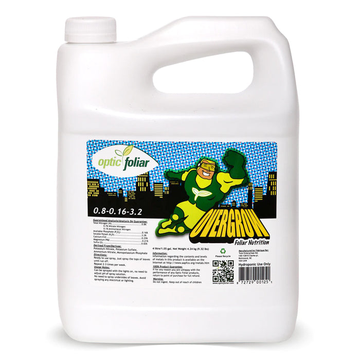 Optic Foliar Overgrow RTU 4L bottle with superhero graphic, featuring NPK ratio 0.8-0.16-3.2.