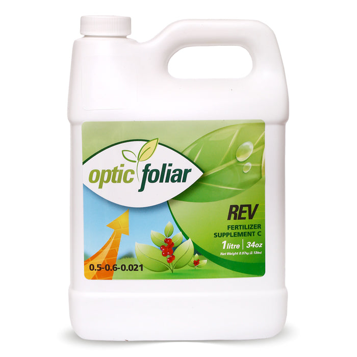 Optic Foliar REV Fertilizer Supplement C: 1 litre (34oz) bottle, white with green label, showing leaves, berries, and an upward arrow.