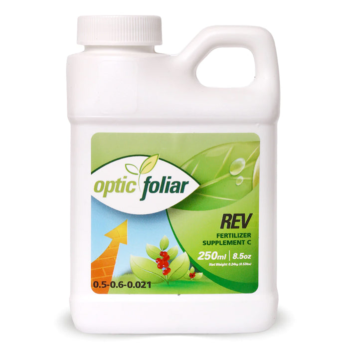 White bottle of Optic Foliar REV fertilizer, 250ml, with green label featuring leaves and berries.
