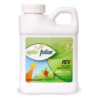 White bottle of Optic Foliar REV fertilizer, 250ml, with green label featuring leaves and berries.