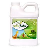 Optic Foliar REV 500ml fertilizer supplement bottle with green leaf logo and red berries.