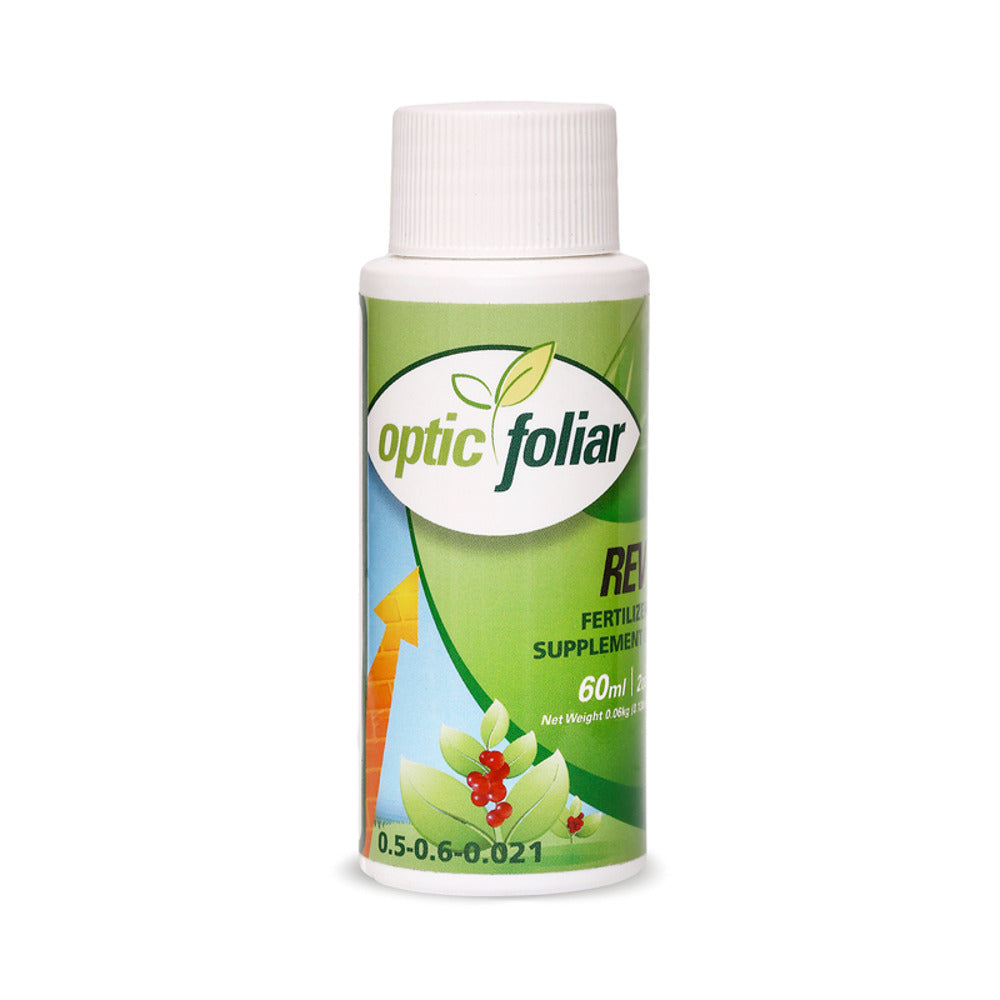 Optic Foliar REV 60ml fertilizer bottle with green label and red berries.