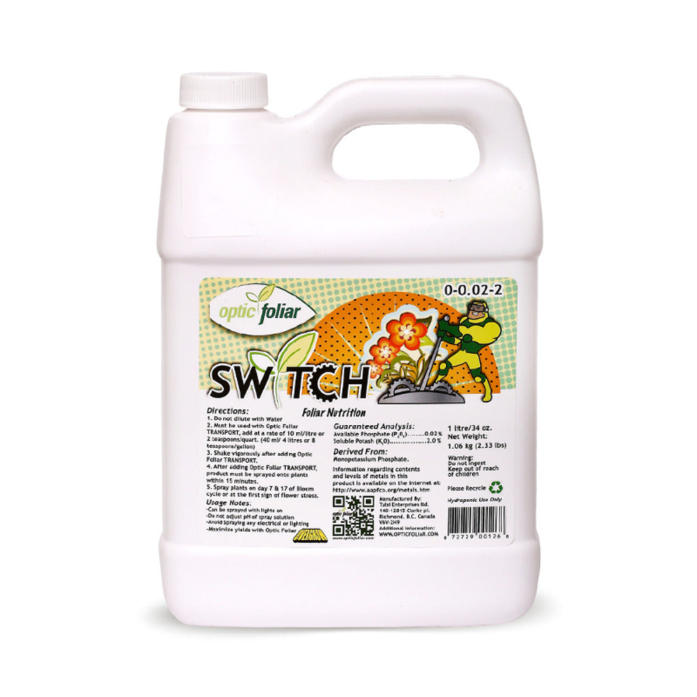 Optic Folia SWITCH 1L bottle with label showing "Foliar Nutrition" and "Guaranteed Analysis".