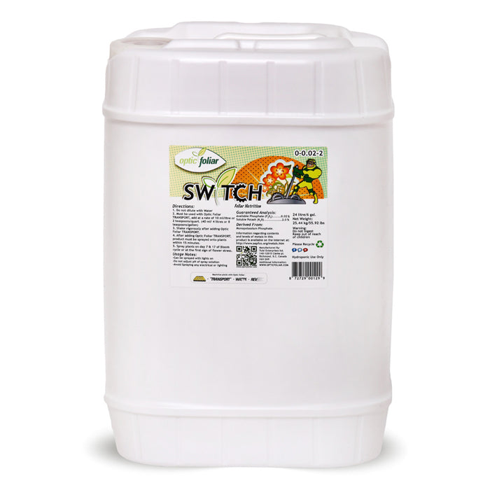 Optic Folia Switch 24L drum with label for foliar nutrition, featuring an illustration of plants and a figure.