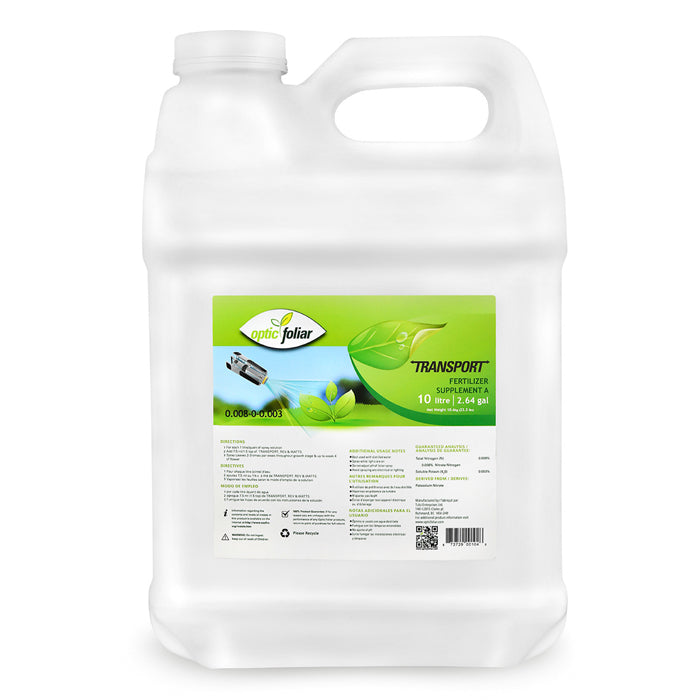 Optic foliar TRANSPORT fertilizer supplement, 10L/2.64 gal jug, with a label showing a spray nozzle and leaves.
