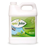 White jug of Optic Foliar Transport fertilizer, 1 litre/34oz, with green leaf logo and spraying nozzle.