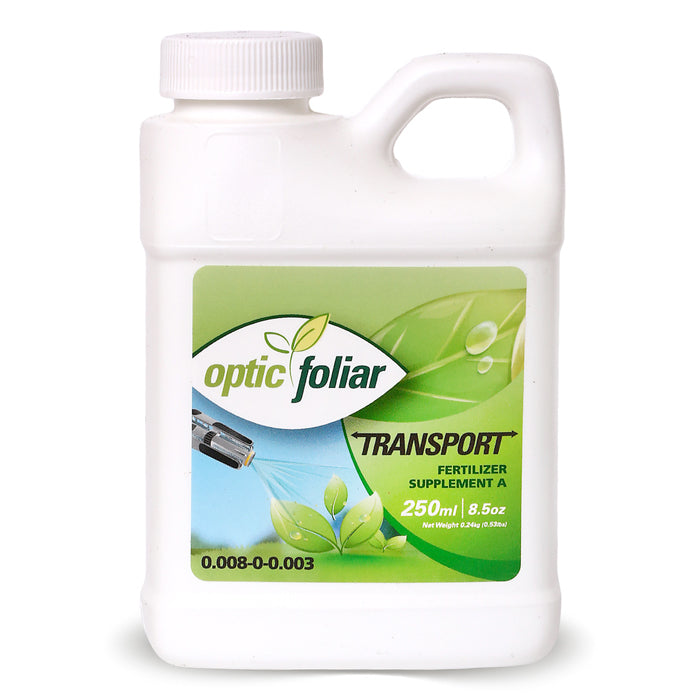 Optic Foliar TRANSPORT Fertilizer Supplement A 250ml bottle with green leaf label, showing spray misting leaves.
