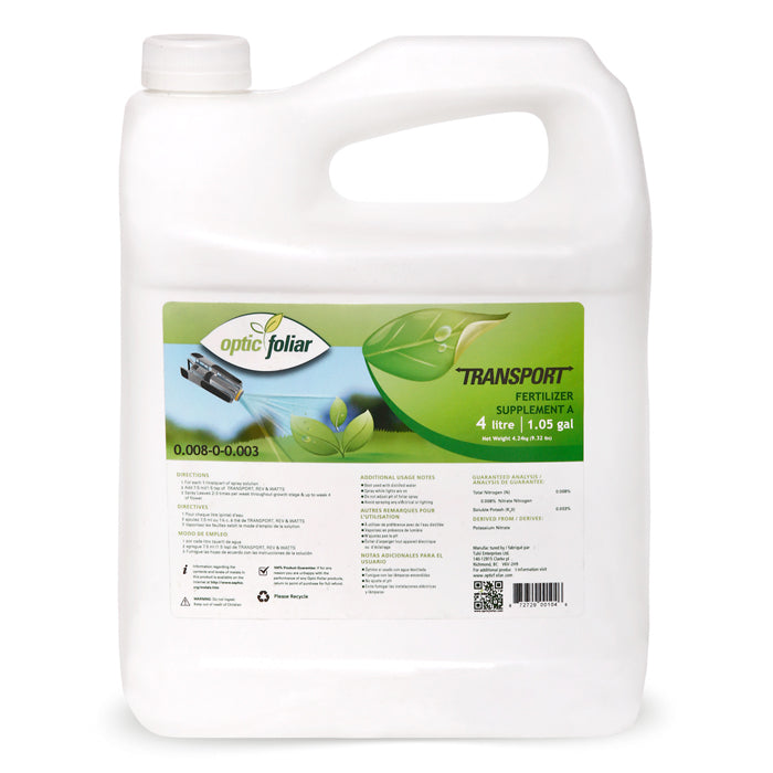 Optic Foliar TRANSPORT Fertilizer Supplement A, 4 Litre (1.05 gal) jug.