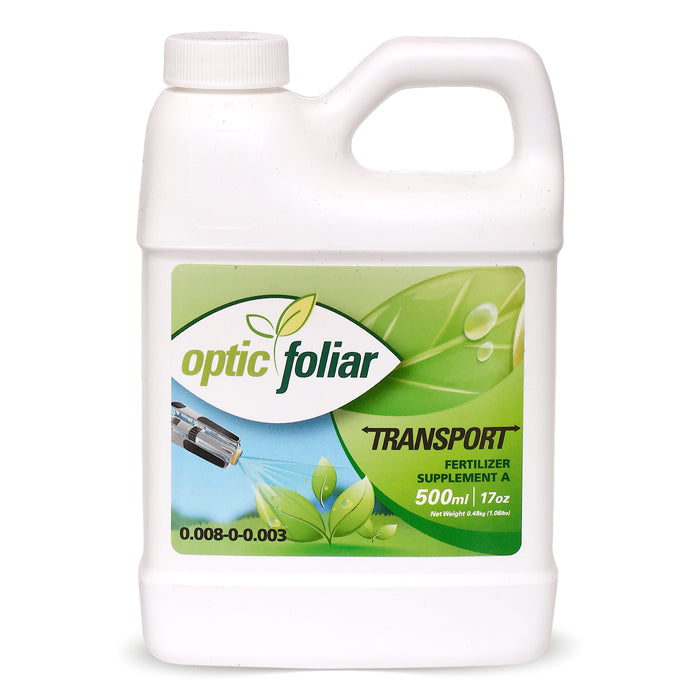 White plastic jug with green label for Optic Foliar TRANSPORT fertilizer, 500ml.