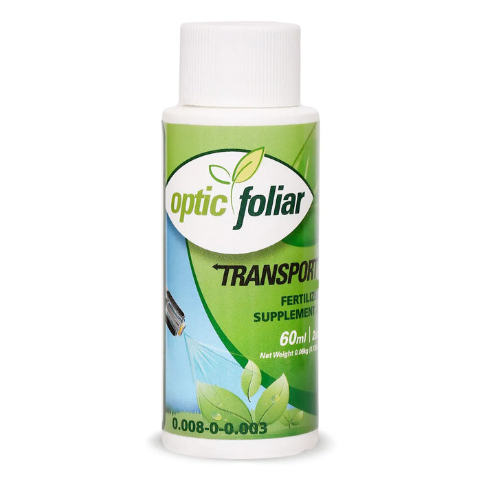 Optic Folia TRANSPORT fertilizer supplement, 60ml bottle with green leaf logo and spray detail.