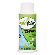 Optic Folia TRANSPORT fertilizer supplement, 60ml bottle with green leaf logo and spray detail.