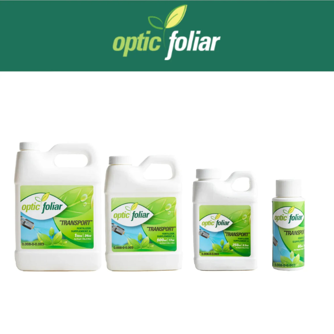 Optic foliar transport fertilizer supplements in various sizes. Green logo with leaf and sprout.