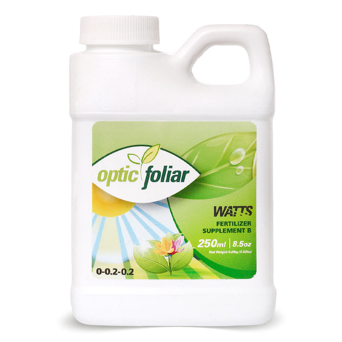 Optic Foliar WATTS Fertilizer Supplement B 250ml bottle, white with green label.