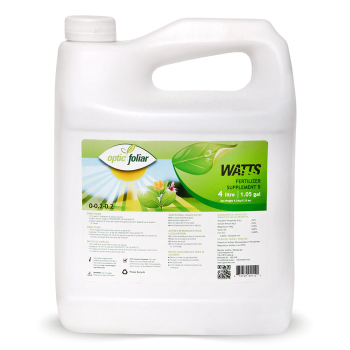 Optic Foliar WATTS 4L Fertilizer Supplement B jug with label showing sun, leaves, and analysis.