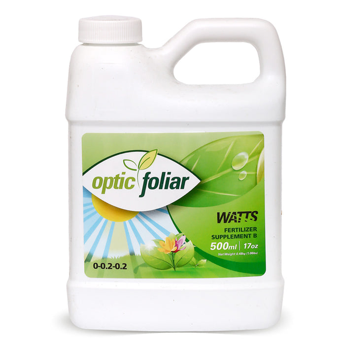 White plastic jug of Optic Foliar WATTS Fertilizer Supplement B, 500ml 17oz.