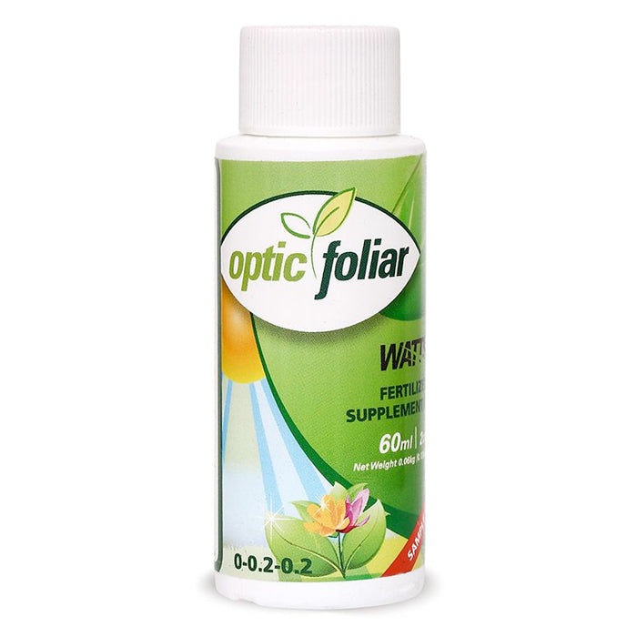 Optic Foliar WATTS 60ml fertilizer bottle with green leaf logo and flower graphic.