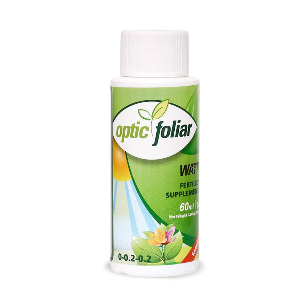 Optic Foliar WATTS 60ml fertilizer bottle with green leaf logo and flower graphic.