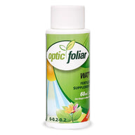 Optic Foliar WATTS 60ml fertilizer bottle with green leaf logo and flower graphic.