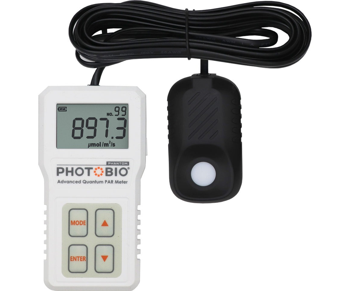 White PAR meter with black sensor and coiled cable, displaying 897.3 µmol/m²/s.