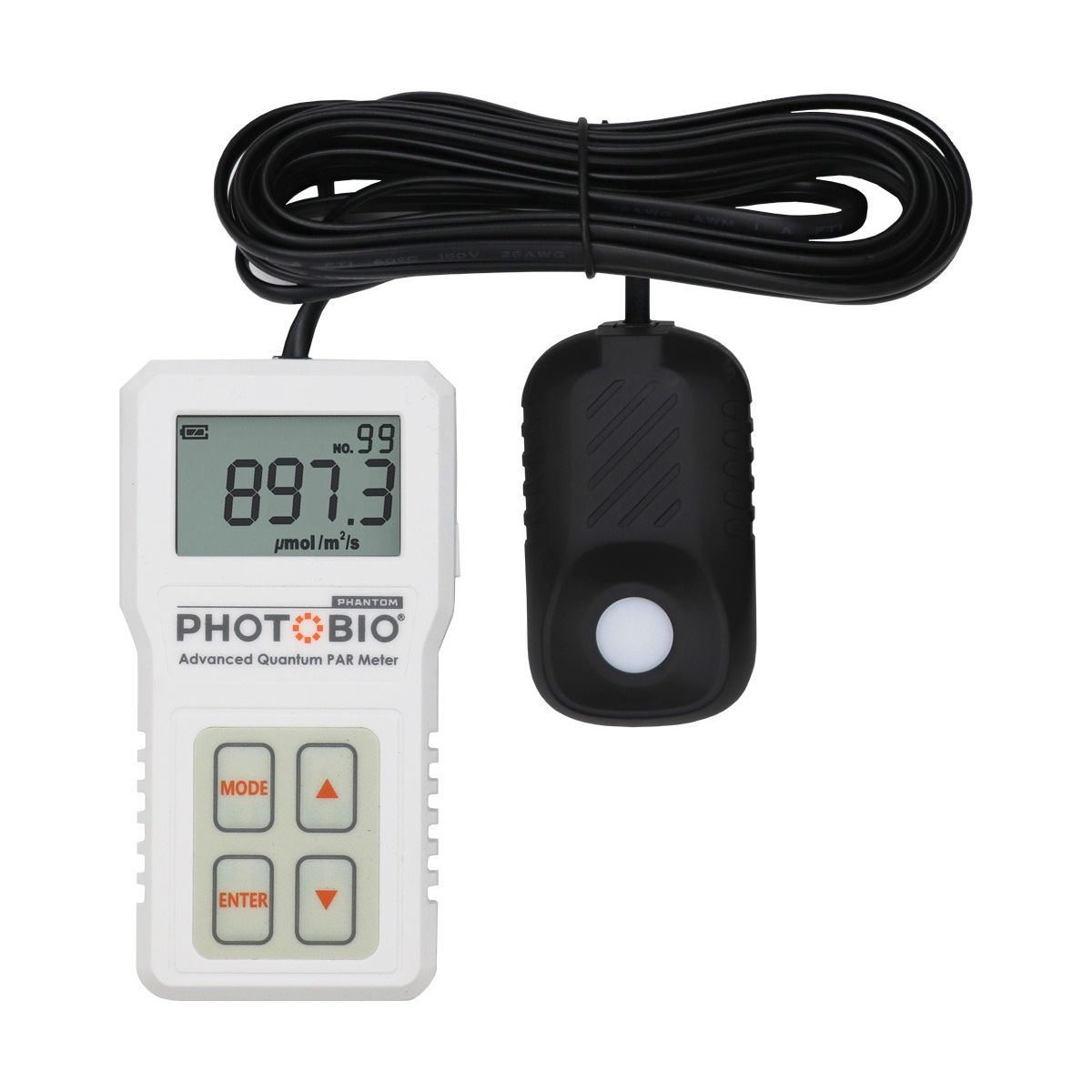 White PAR meter with black sensor and coiled cable, displaying 897.3 µmol/m²/s.