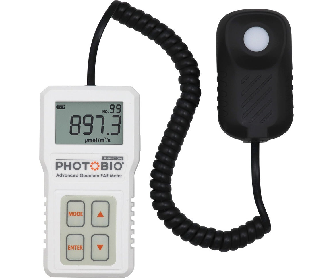 White PAR meter with black sensor and coiled cord displays 897.3 µmol/m²/s.