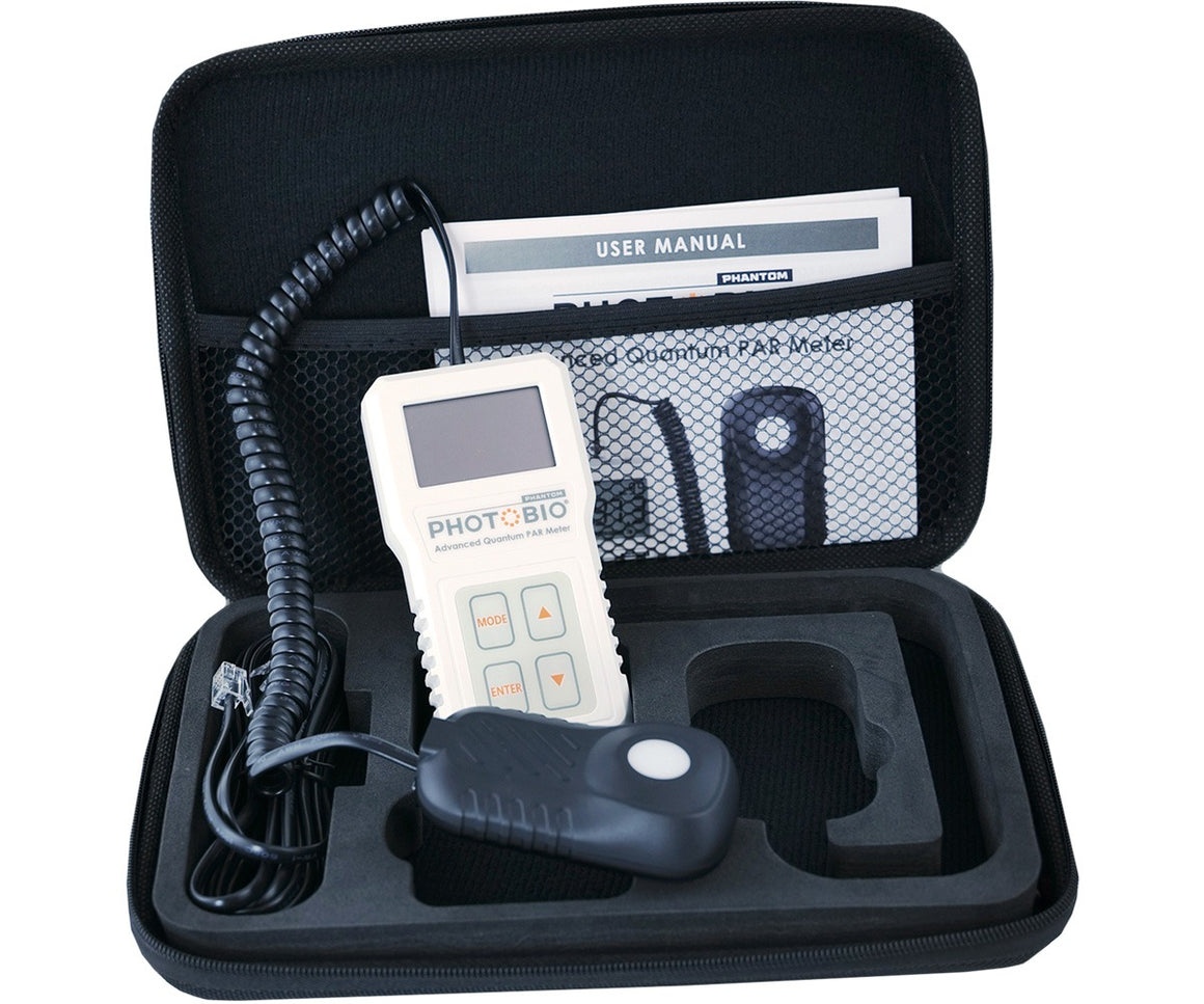 PHOTOBIO Advanced Quantum PAR Meter in black case with user manual and accessories.