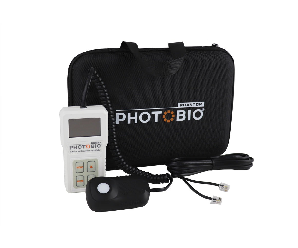 PHOTOBIO Advanced Quantum PAR Meter with sensor and black carrying case.