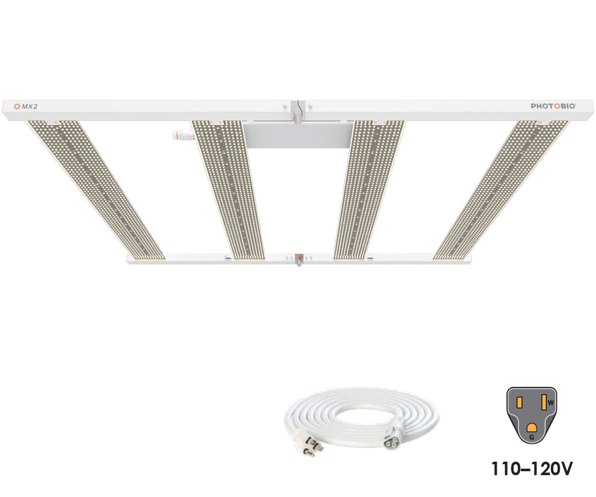 Photobio MX2 LED grow light with coiled power cord and 110-120V plug icon.