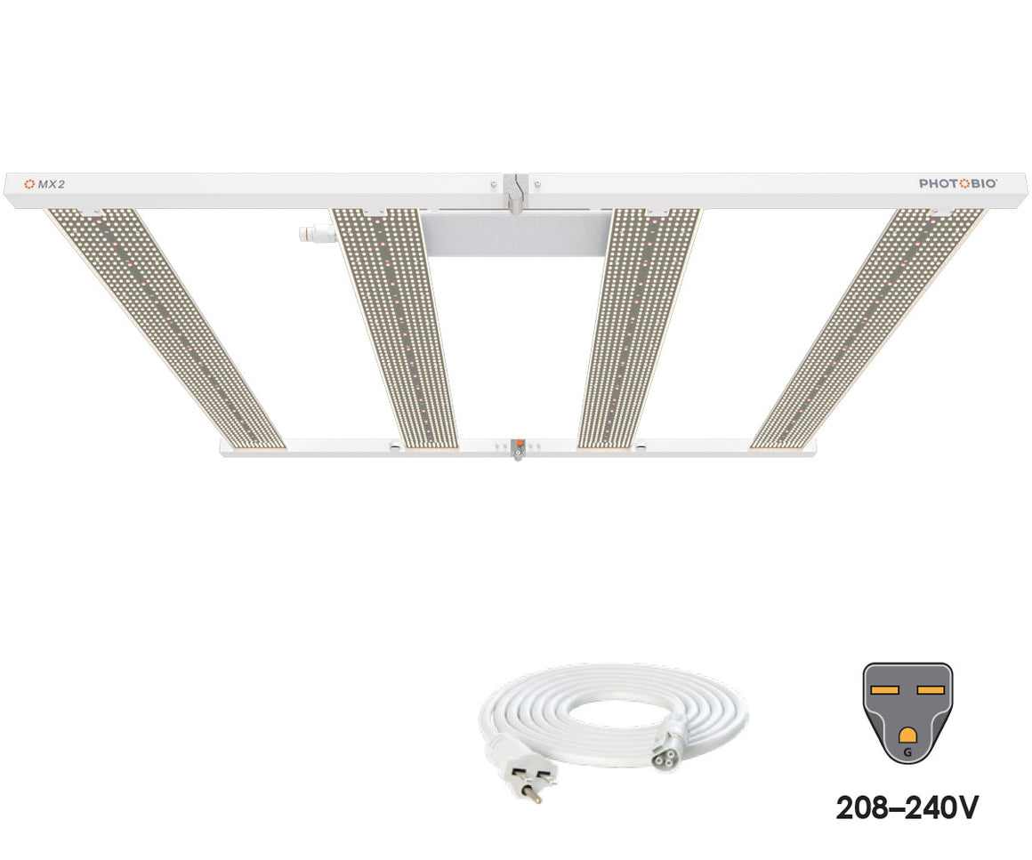 PHOTOBIO MX2 LED grow light with hanging cable and 208-240V plug icon.