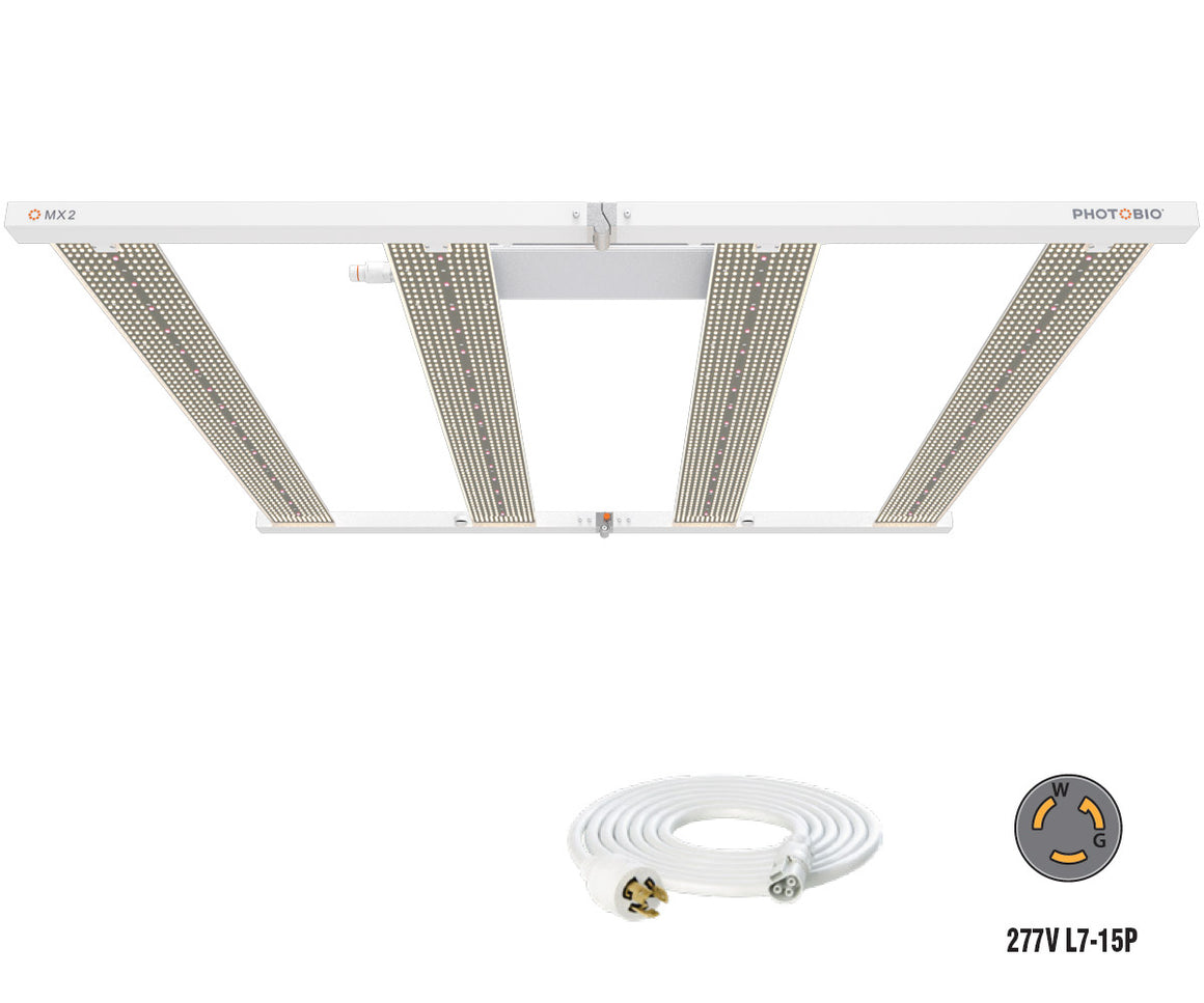 White PHOTOBIO MX2 680W LED grow light with coiled power cord and 277V L7-15P plug.