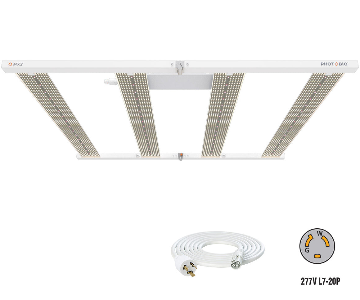 PHOTOBIO MX2 680W LED grow light with white frame, multiple LED panels, and a coiled 277V L7-20P power cord.