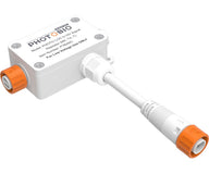 White PHOTOBIO 0-10V signal repeater with orange connectors and cable.