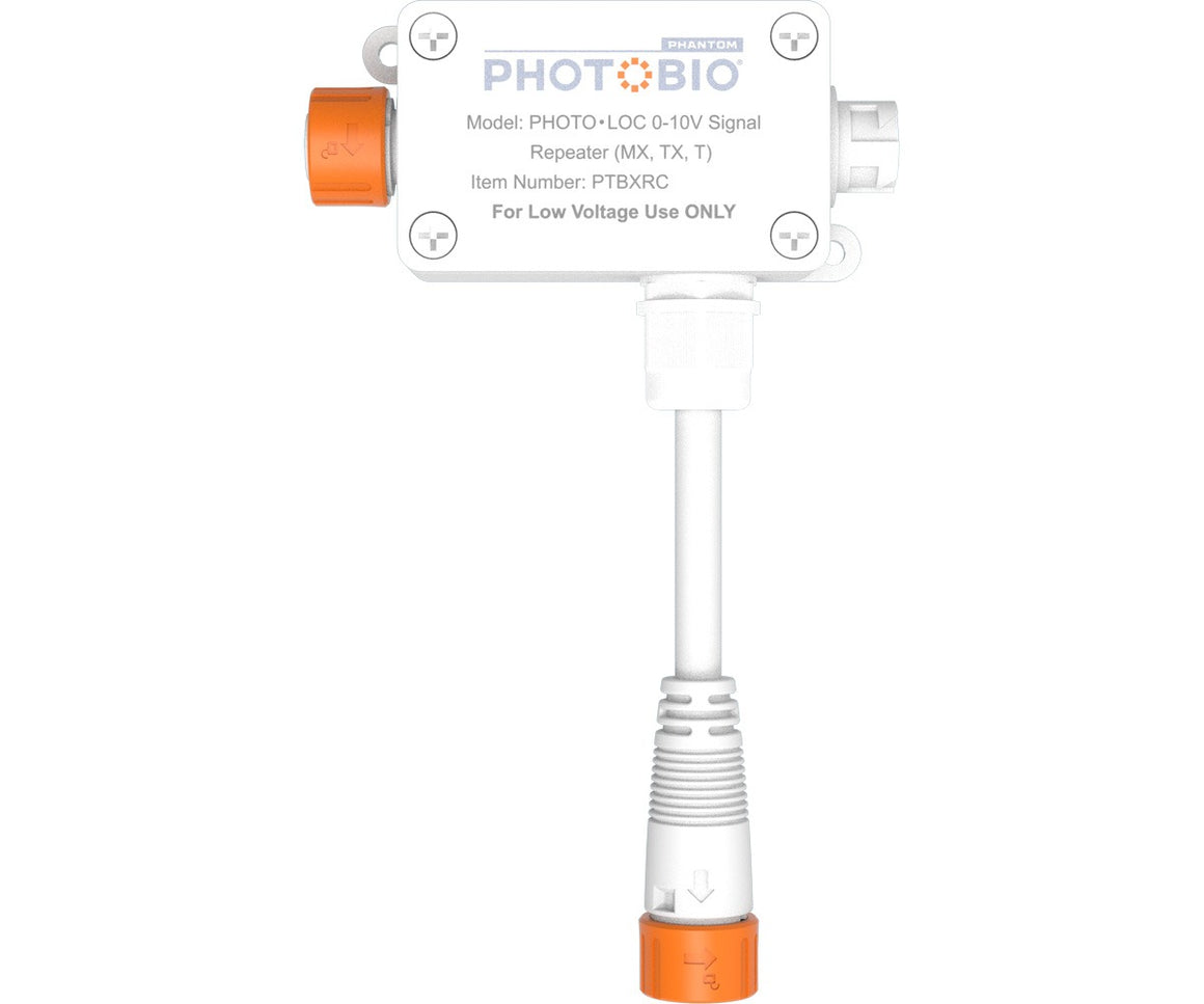 PHOTO•BIO 0-10V signal repeater with white casing, orange dial, and white cable.
