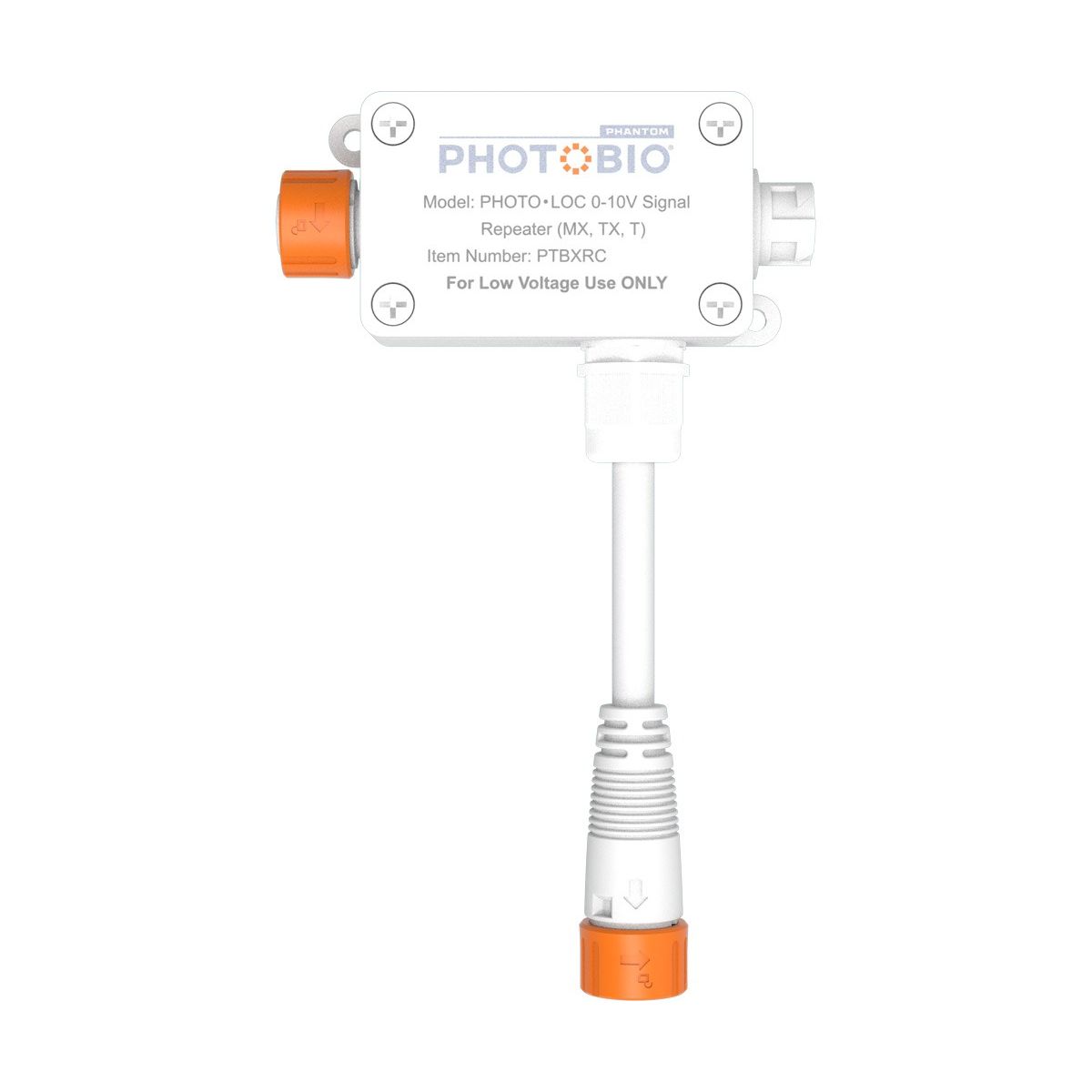 PHOTO•BIO 0-10V signal repeater with white casing, orange dial, and white cable.