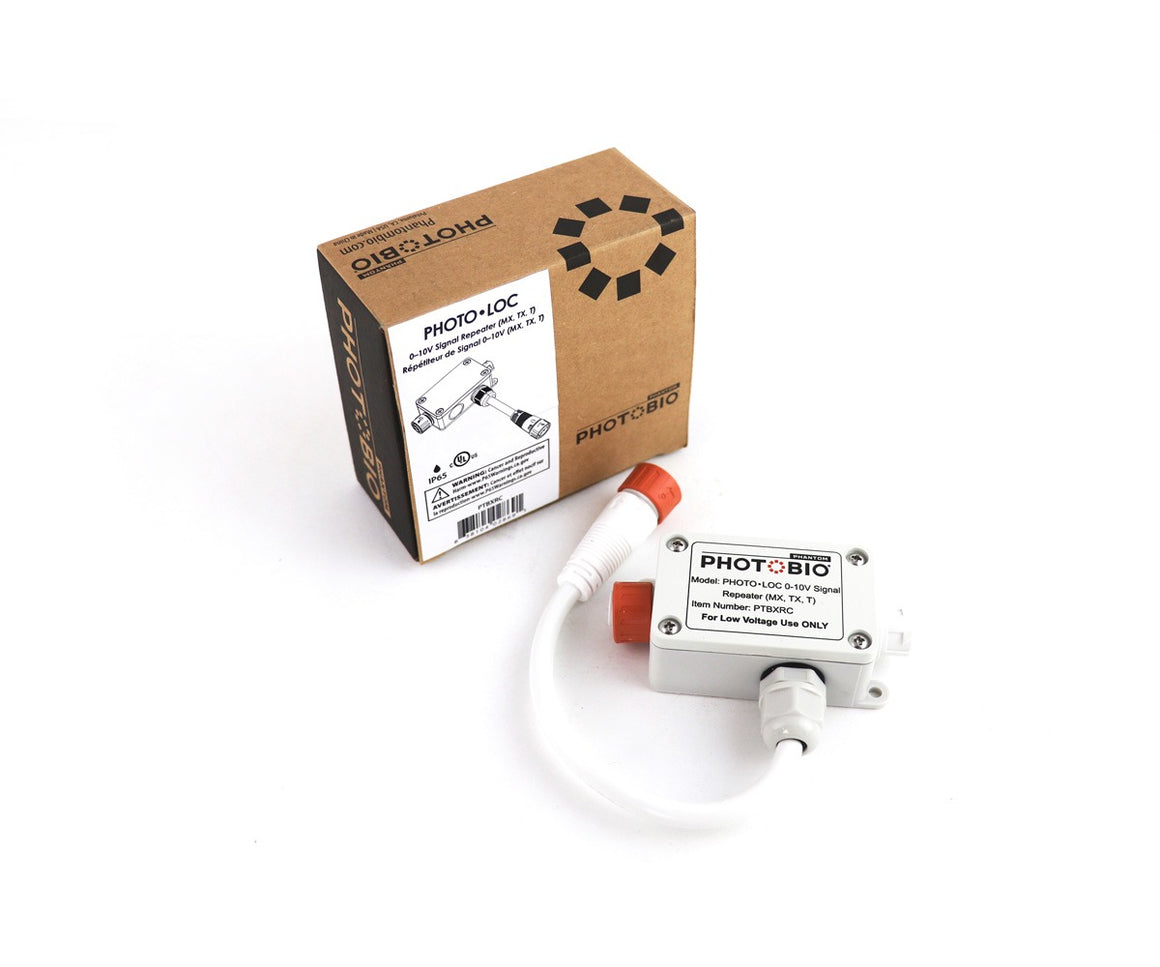 PHOTOBIO PHOTO-LOC 0-10V signal repeater (PTBXR) with cable and box on white background.