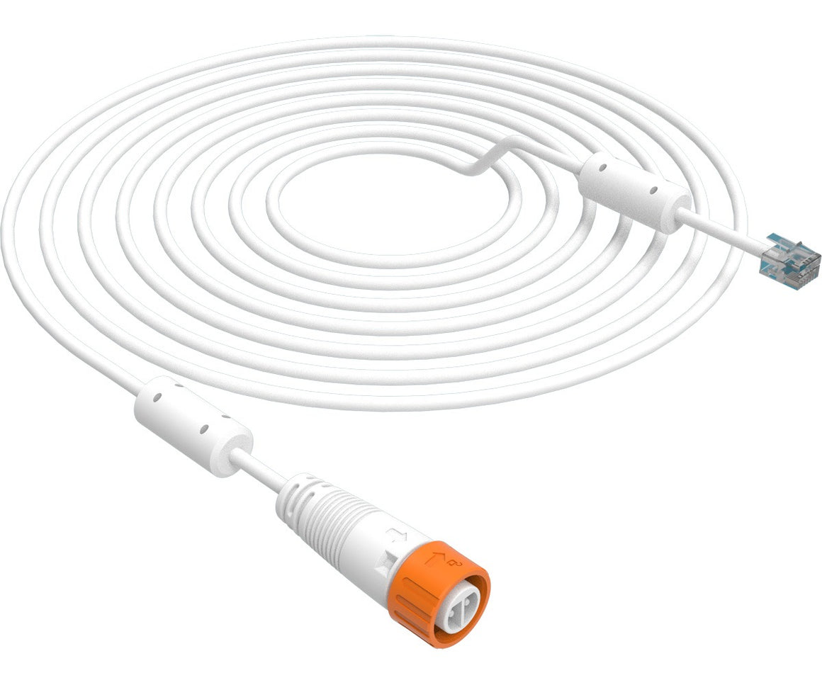 White coiled cable with RJ45 connector and orange-capped connector.