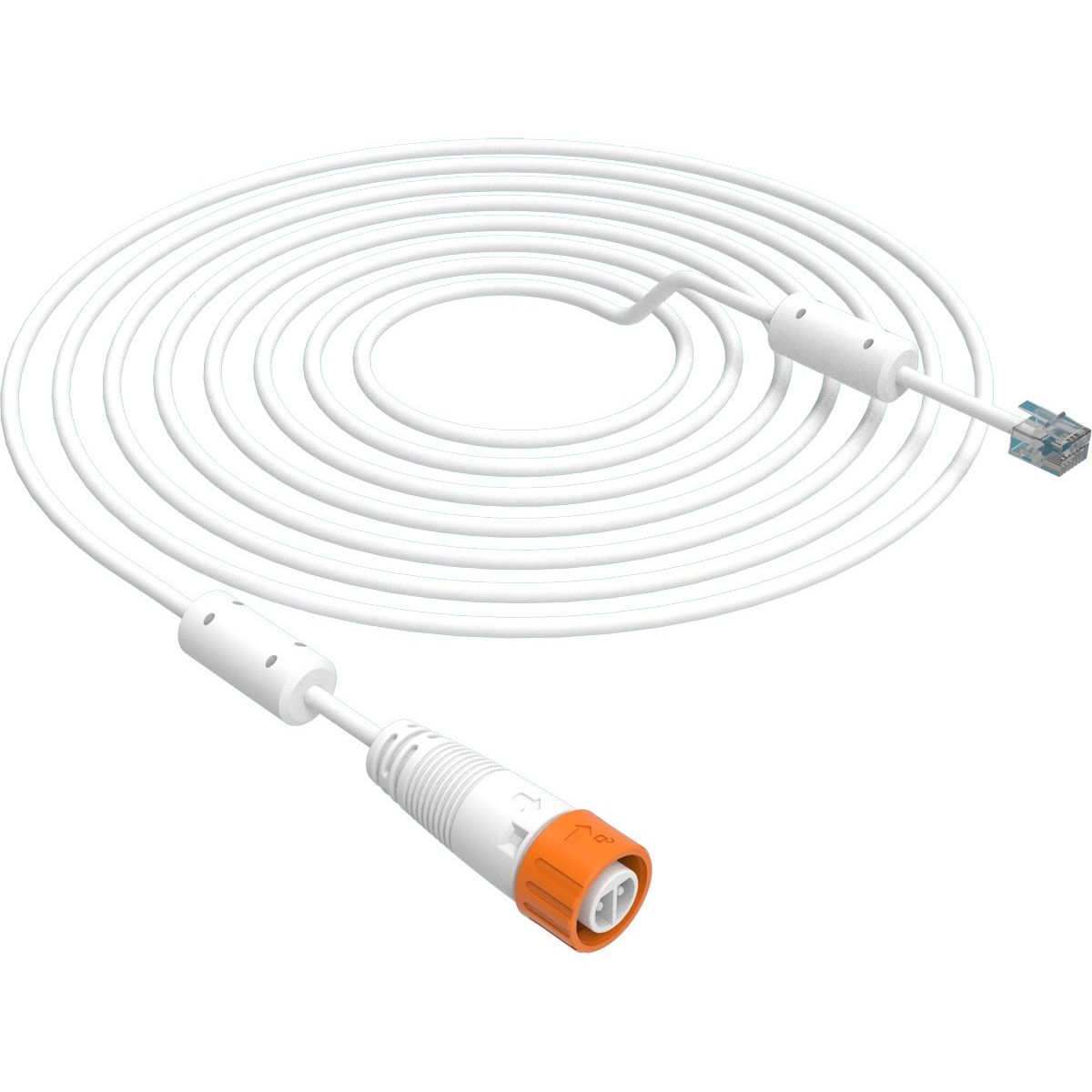 White coiled cable with RJ45 connector and orange-capped connector.