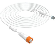 White coiled cable with RJ45 connector and orange-capped connector.
