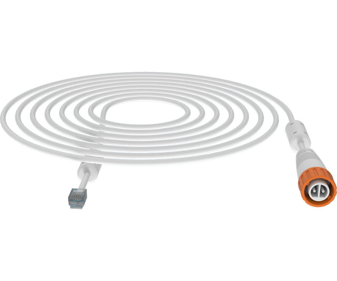 White coiled cable with RJ45 and IP67 waterproof connectors.