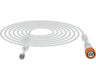 White coiled cable with RJ45 and IP67 waterproof connectors.