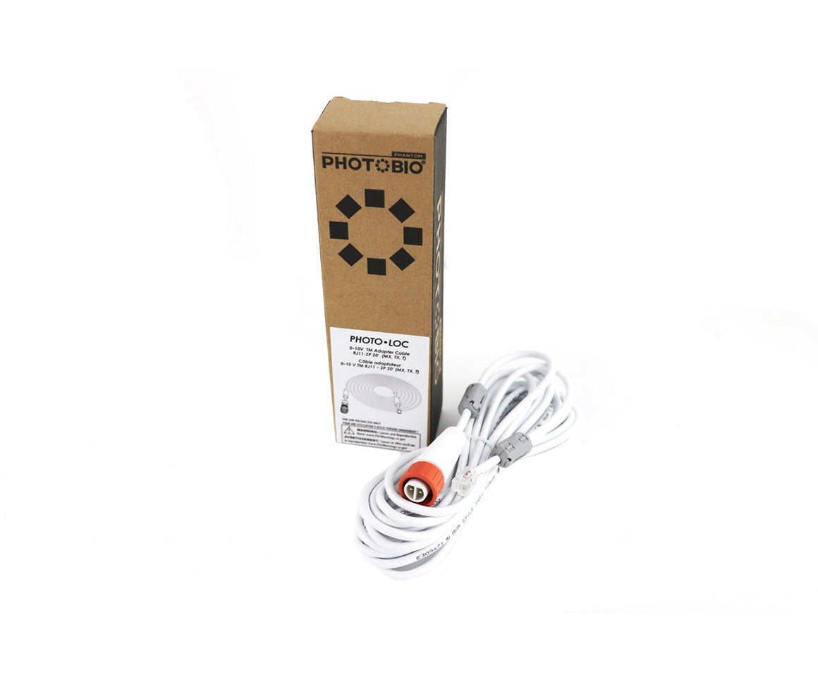 PHOTOBIO PHOTO-LOC 0-10V TM adapter cable with white coiled cord and orange connector.
