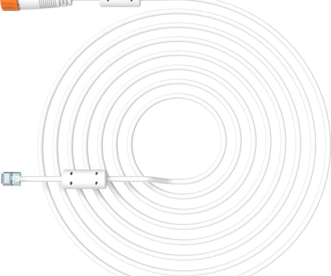 White 10V adapter cable coiled with orange and blue connectors on a white background.