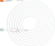 White 10V adapter cable coiled with orange and blue connectors on a white background.