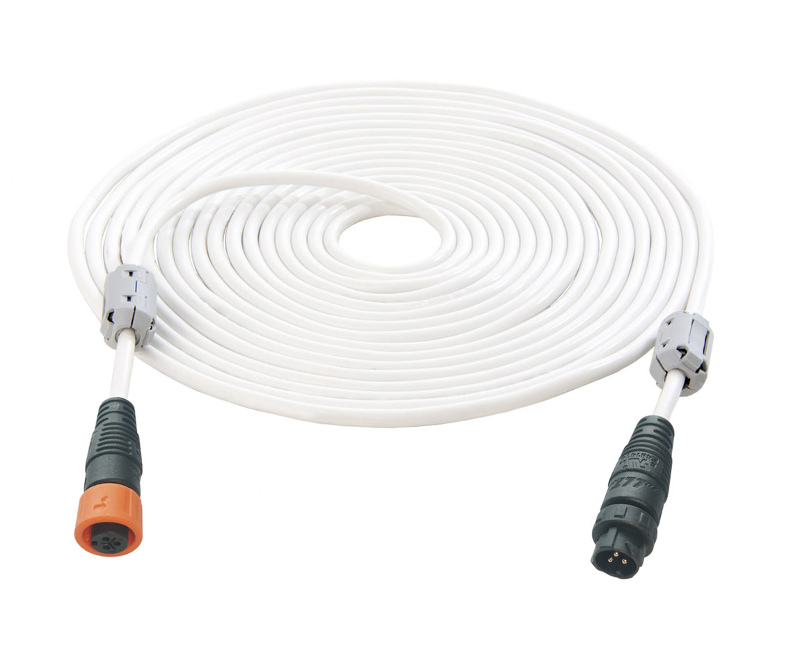 White coiled cable with gray connectors and black/orange plugs on white background.