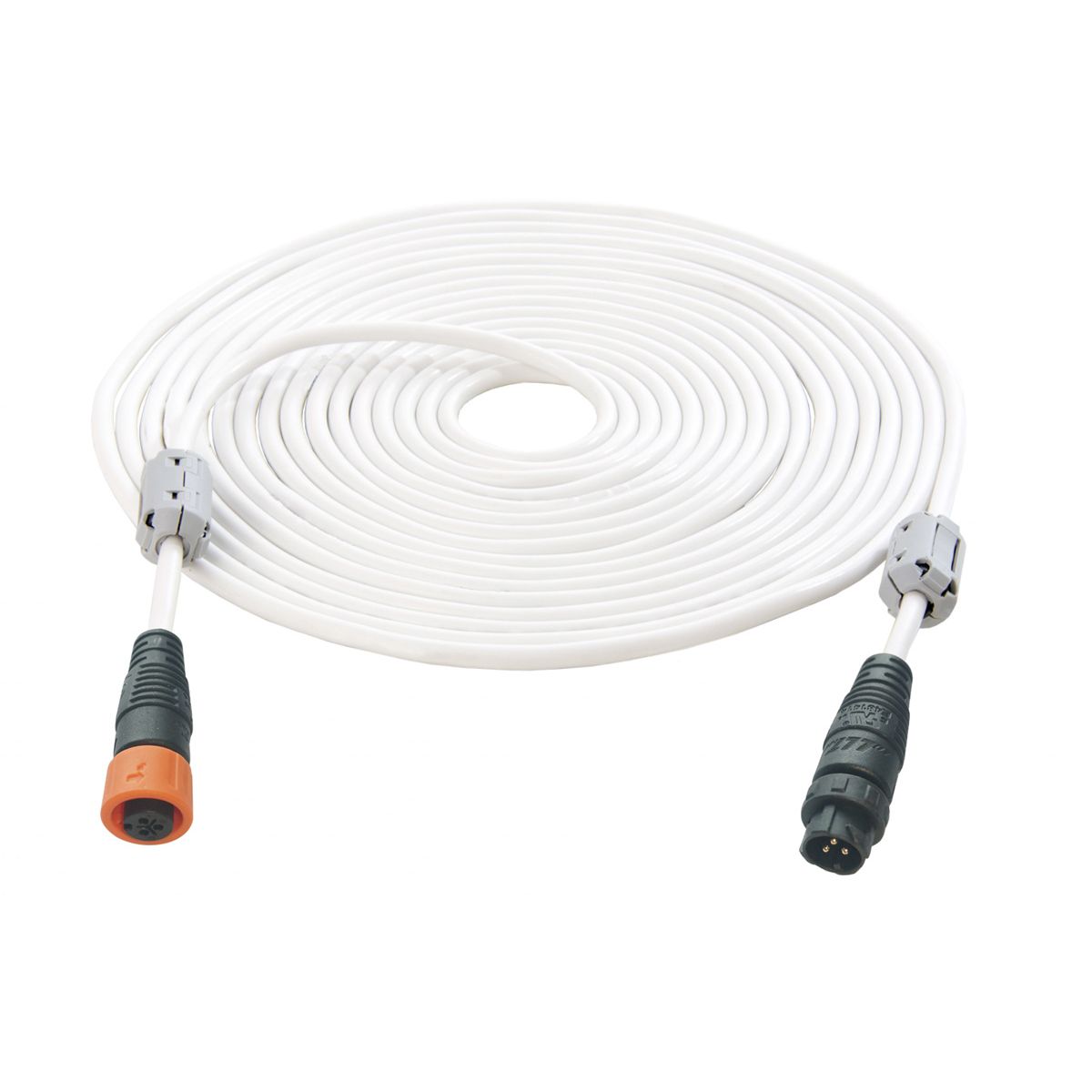 White coiled cable with gray connectors and black/orange plugs on white background.