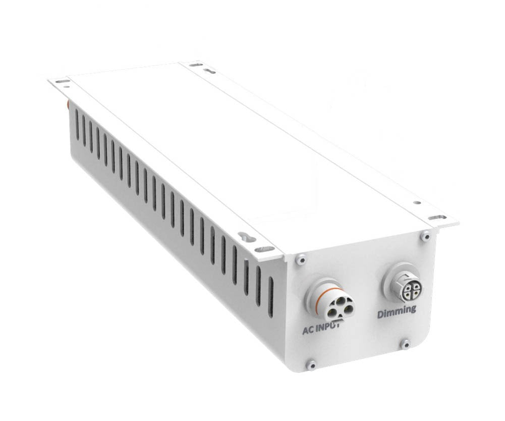 White LED driver with "AC INPUT" and "Dimming" connectors, vented casing.