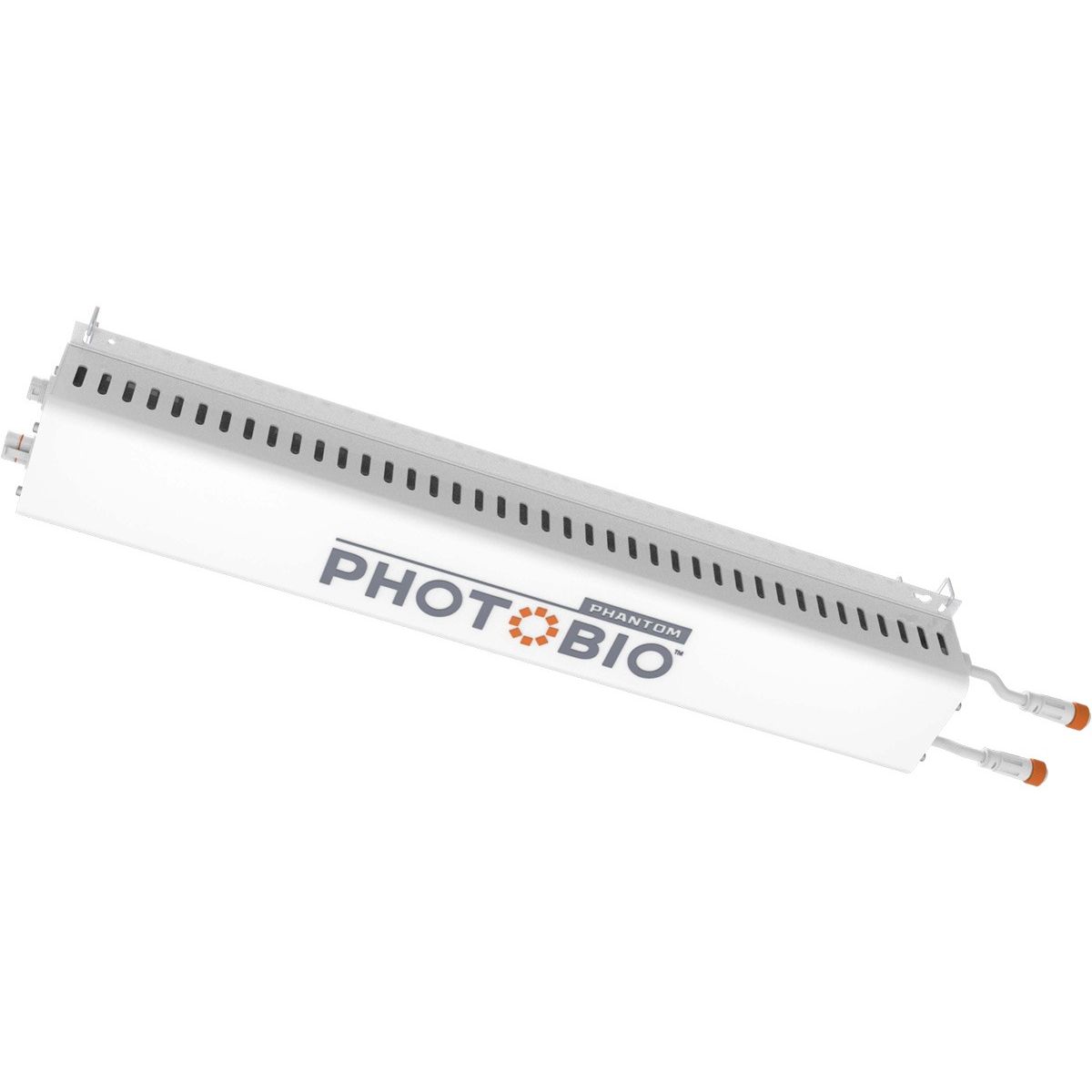 White photobio TX-LED 680W driver with orange connectors, on white background.