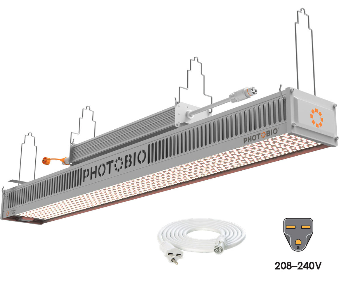 PHOTOBIO TX2 800W LED grow light, white cord, and 208-240V plug icon.